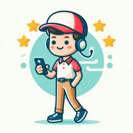 Cartoon boy playing video game with mobile phone. Vector illustration.のイラスト素材