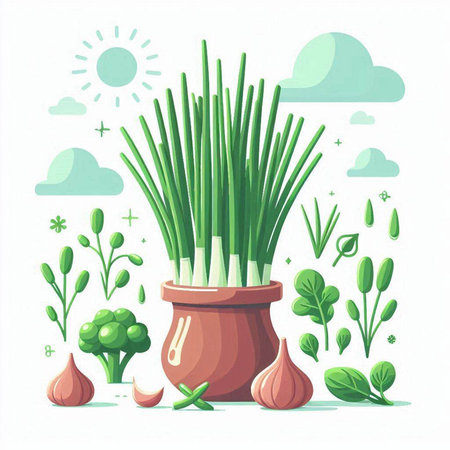Green onion in clay pot. Vector illustration in flat cartoon style.のイラスト素材