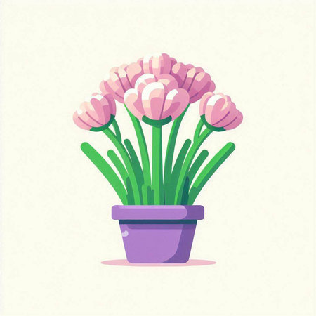Flowerpot with pink tulips in flat style. Vector illustration.のイラスト素材