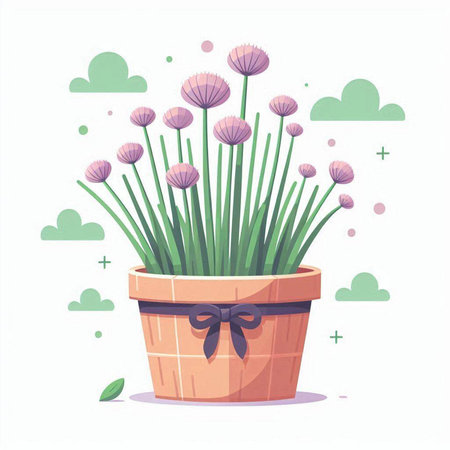 Flowerpot with chives. Vector illustration in cartoon style.のイラスト素材