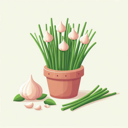 Garlic and onion in a flower pot. Vector illustration in cartoon style.のイラスト素材