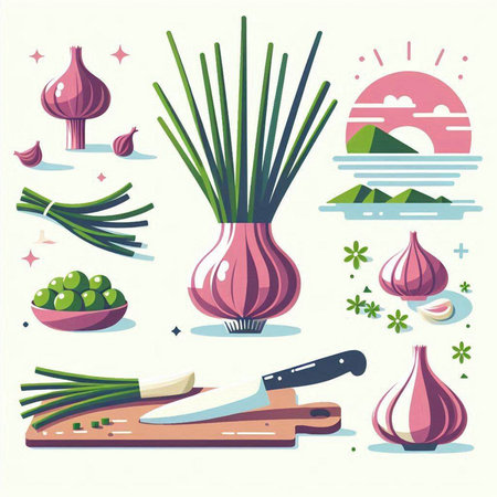 Vector illustration of onion, garlic, pepper, olive and knife.のイラスト素材