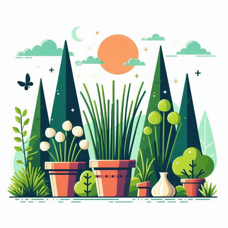Vector illustration of a garden with flowers and plants in pots. Flat style.のイラスト素材