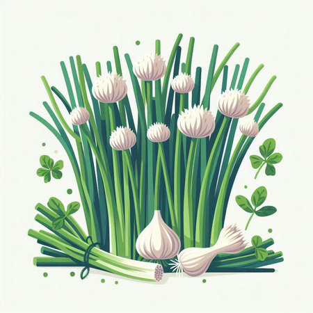 Vector illustration of green chives with garlic and clover leaves.のイラスト素材