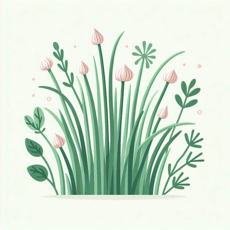Vector illustration of green grass with pink flowers and green leaves on white backgroundのイラスト素材