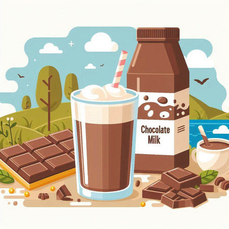 Chocolate milk and chocolate bar on the beach. Vector illustration.のイラスト素材