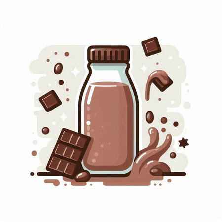 Chocolate milk in a glass bottle with chocolate pieces. Vector illustration.のイラスト素材