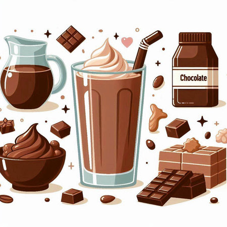 Illustration of a glass of hot chocolate with whipped cream, chocolate bars and a jar of milkのイラスト素材