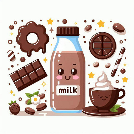 Cute cartoon chocolate milk bottle with marshmallow, coffee cup, chocolate candies, cookies and whipped cream.のイラスト素材