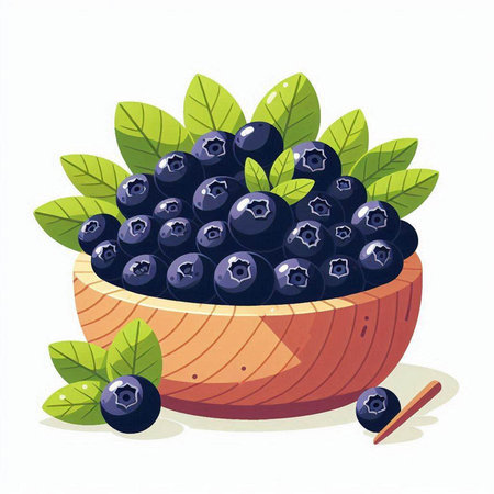 Bowl of fresh blueberries with green leaves. Vector illustration.のイラスト素材