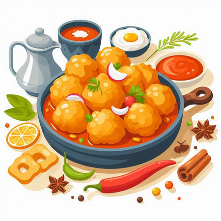 Indian cuisine. Fried dumplings in a frying pan. Vector illustrationのイラスト素材