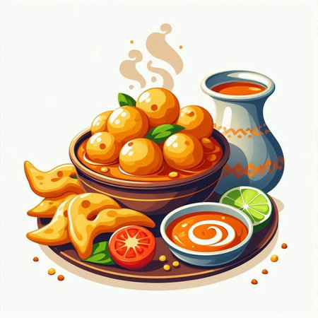 Bowl of dumplings with sauce. Indian cuisine. Vector illustrationのイラスト素材