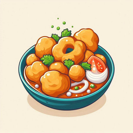 Bowl of fried dumplings with tomato and onion, vector illustrationのイラスト素材