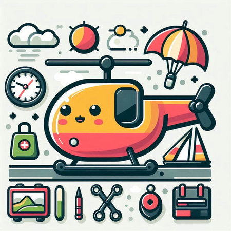 Vector illustration of cute cartoon helicopter in flat line style with different iconsのイラスト素材