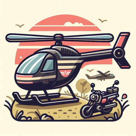 Helicopter vector illustration. Hand drawn helicopter on the background of the sunset.のイラスト素材