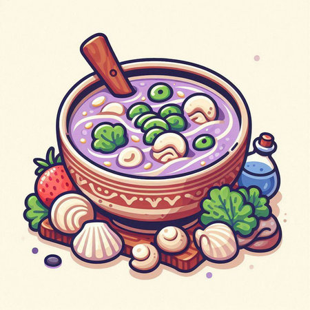 Illustration of a bowl of miso soup with strawberries, dumplings and mushroomsのイラスト素材
