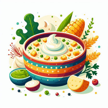 Vegetable soup with sour cream and corn, vector illustration.のイラスト素材
