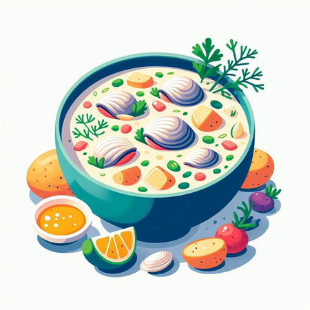 Vector illustration of a bowl of soup with clams and vegetables.のイラスト素材