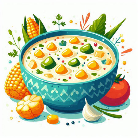Vector illustration of a bowl of corn soup with vegetables and spices.のイラスト素材