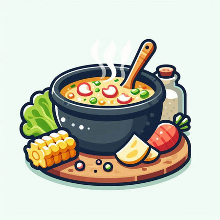 Illustration of a soup in a cauldron. Vector illustration.のイラスト素材