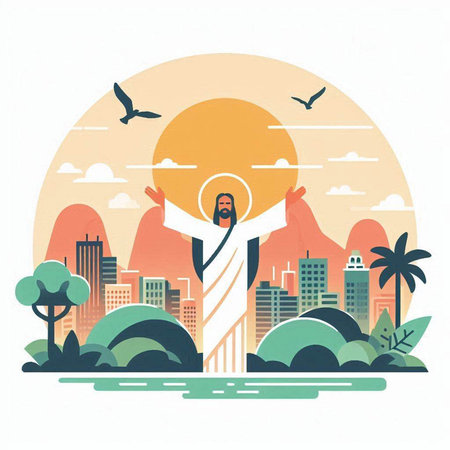 Jesus Christ on the background of the city, vector illustration in flat styleのイラスト素材