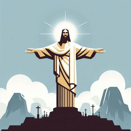 Jesus Christ on the cross in a mountain landscape. Vector illustration.のイラスト素材