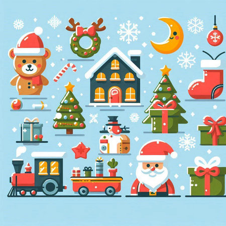 Christmas vector illustration. Santa Claus, Christmas tree, snowman, train, train, gift box, candy canes, snowflakes, christmas tree, deer.のイラスト素材