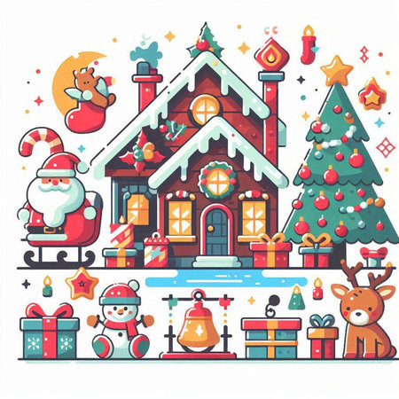 Christmas greeting card with Santa Claus, house, Christmas tree, gifts, snowman, deer, snowman. Merry Christmas and Happy New Year. Vector illustration.のイラスト素材