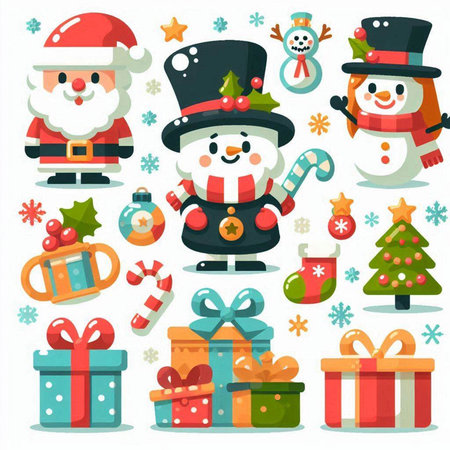 Cartoon Santa Claus, Snowman, Christmas tree, candy cane, gifts and snowflakes. Merry Christmas and Happy New Year. Vector illustrationのイラスト素材