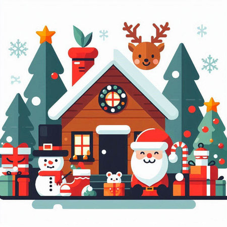 Santa Claus and reindeer in front of the house. Vector illustrationのイラスト素材