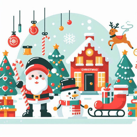 Christmas and New Year greeting card with Santa Claus, Christmas tree, snowman, reindeer and house. Vector illustration.のイラスト素材