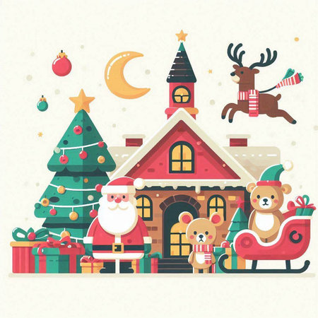 Christmas greeting card with Santa Claus, reindeer and house. Vector illustration.のイラスト素材