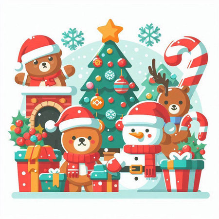 Christmas greeting card with Santa Claus, snowman, reindeer, christmas tree and gifts. Vector illustration.のイラスト素材
