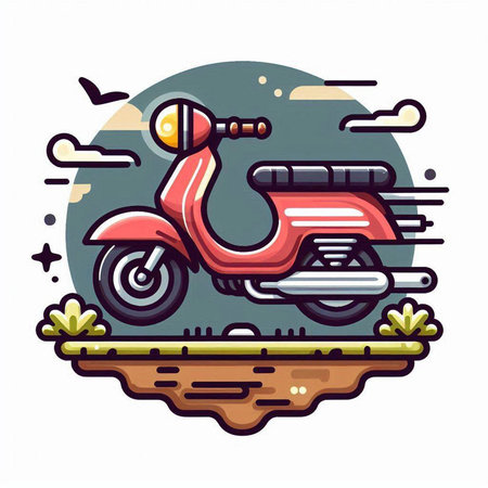 Vintage scooter on the road. Vector illustration in flat styleのイラスト素材