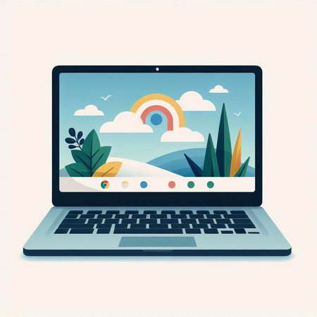 Laptop with nature and rainbow in the screen. Vector illustration.のイラスト素材