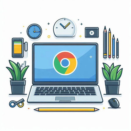Laptop computer with pie chart on screen. Flat design vector illustration.のイラスト素材