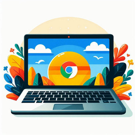 Laptop on the background of nature. Vector illustration in flat style.のイラスト素材