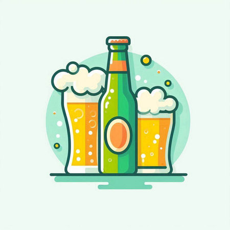Beer bottle and two glasses. Vector illustration in flat design style.のイラスト素材