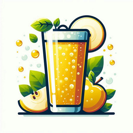 Apple juice in a glass with slices of apple, vector illustration.のイラスト素材