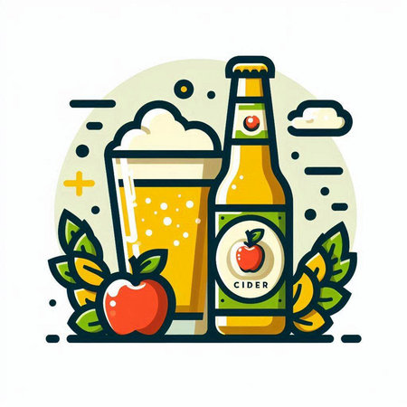 Bottle and glass of beer with apples and leaves. Vector illustration.のイラスト素材