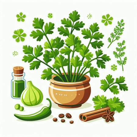 Parsley in a pot and spices on a white background.のイラスト素材