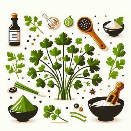 Coriander, cilantro, lemon, olive oil, salt, pepper and garlic. Vector illustration.のイラスト素材