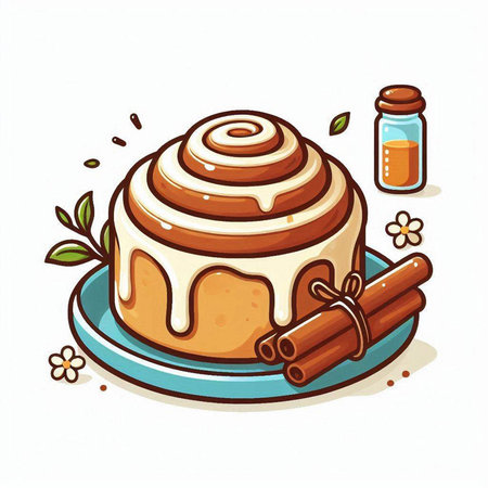 Cinnamon roll and cinnamon stick on a plate. Vector illustration.のイラスト素材