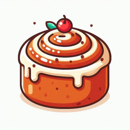 Cinnamon roll with cream and cherry on a white background. Vector illustration.のイラスト素材