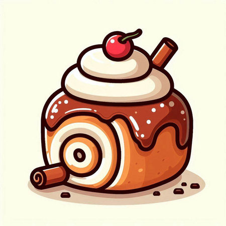 Cinnamon roll with whipped cream and cherry. Vector illustration in cartoon style.のイラスト素材