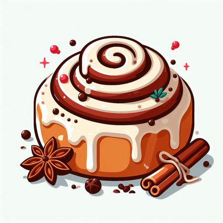 Illustration of cinnamon buns with icing and spices on white backgroundのイラスト素材