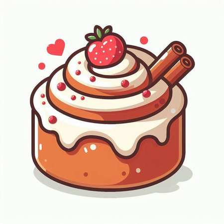 Cinnamon roll with whipped cream and strawberry on top. Vector illustration.のイラスト素材