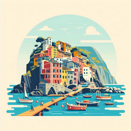 Riomaggiore, Cinque Terre, Liguria, Italy. Colorful houses in retro style.のイラスト素材