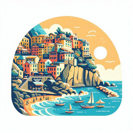 Colorful vector illustration of the seaside town of Manarolaのイラスト素材