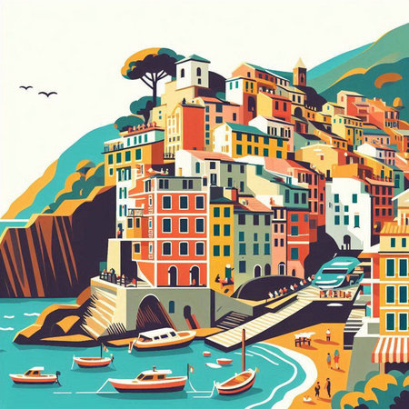 Riomaggiore, Italy. Colorful vector illustration.のイラスト素材